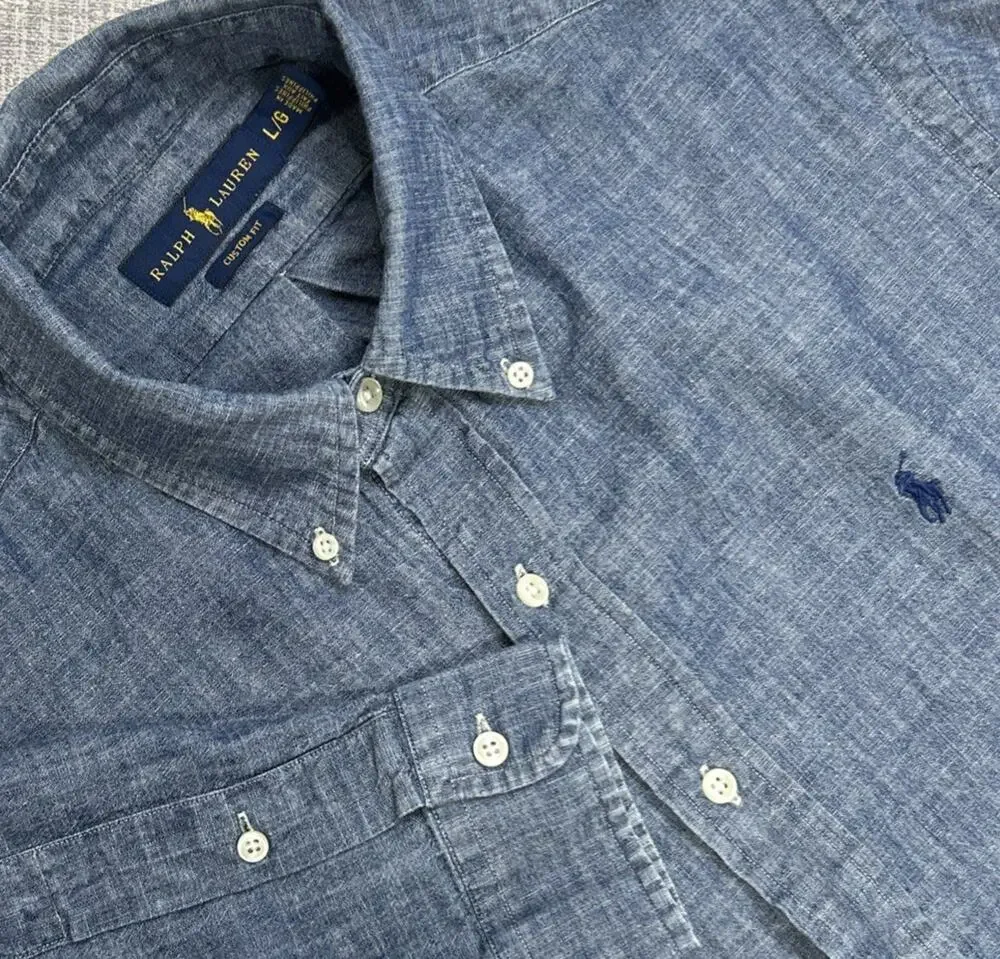 Vintage Polo Ralph Lauren Denim Button Down Shirt Men’s L Blue Custom Fit Preppy
